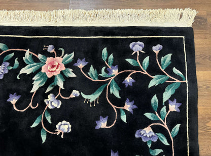 Chinese Wool Rug 6x9 Vintage Black Floral Minimal Design Art Deco Handmade Hand Knotted