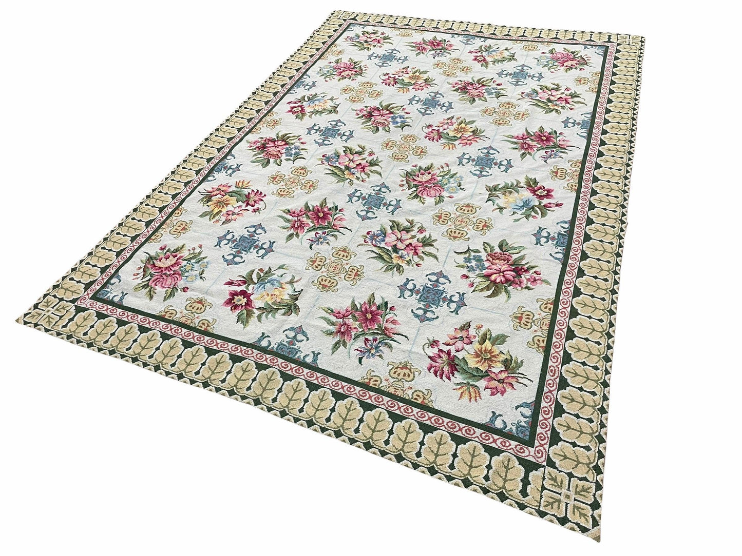 Hand-Knotted Needlepoint Carpet 6x9, Ivory/Cream Background, Colorful Flowers, Yellow Border, Aubusson Rug 6 x 9, New, Handmade
