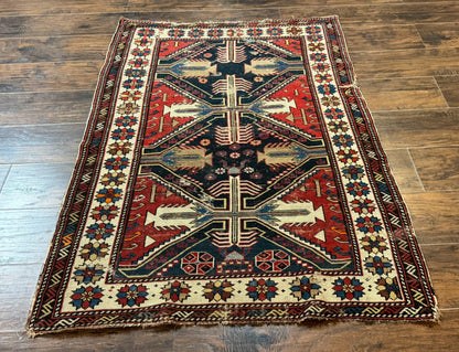 Antique Shirvan Caucasian Rug 3x5 Geometric Wool Hand Knotted Red Navy Beige