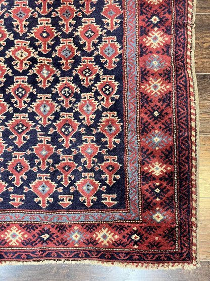 Turkish Sparta Rug 3x4, Allover Pattern, Navy Blue and Red, Antique Ispara Oriental Carpet 3 x 4, Small Turkish Handmade Vintage Wool Rug