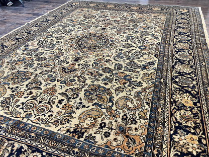 Antique Persian Rug Wool 9x11 Hand Knotted 1920s Hamadan Anjelas Floral Cream Black