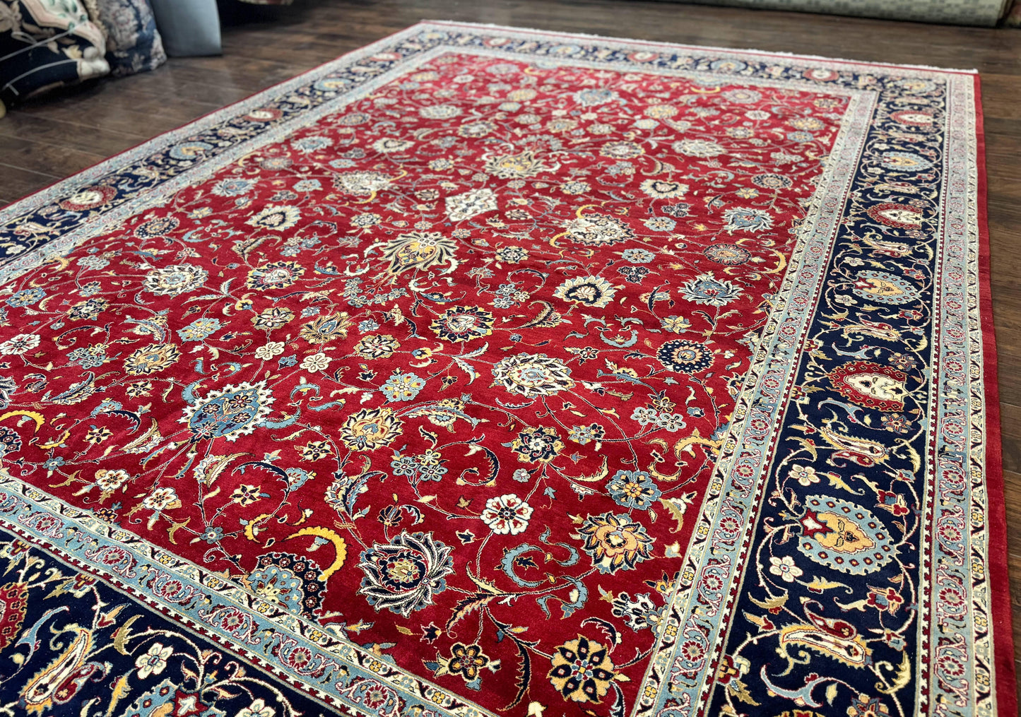 Hand Knotted Persian Rug 9x12 Red Navy Blue Floral Wool Vintage 260 KPSI Carpet