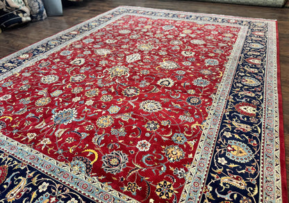 Hand Knotted Persian Rug 9x12 Red Navy Blue Floral Wool Vintage 260 KPSI Carpet