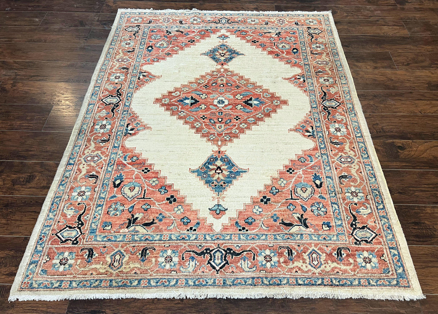 Peshawar Wool Hand Knotted Rug 5x7 Vintage Serapi Geometric Pakistani
