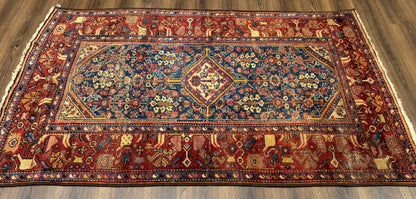 Antique Persian Rug 4x7, Blue and Red Malayer Carpet, Rare