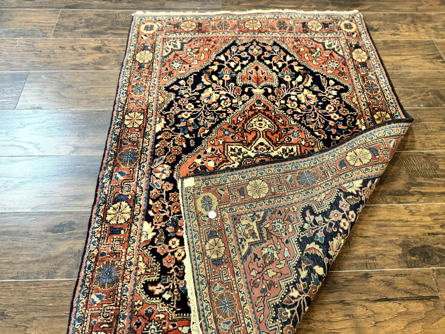 Persian Sarouk Rug 3.6 x 5, Medallion Rug, Red and Midnight Blue, Handmade Semi Antique Vintage Wool Carpet