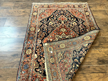 Persian Sarouk Rug 3.6 x 5, Medallion Rug, Red and Midnight Blue, Handmade Semi Antique Vintage Wool Carpet