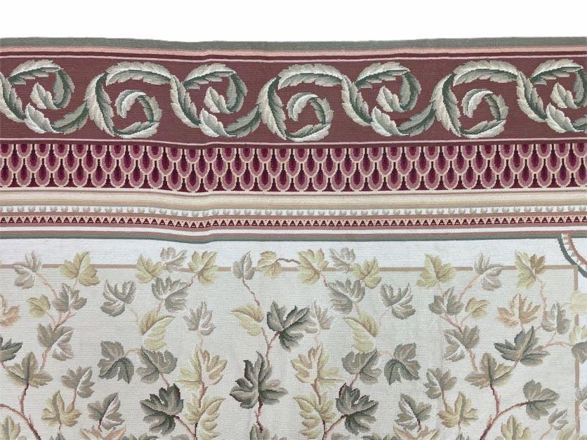 Aubusson Needlepoint Rug Traditional 9x12 Handmade Wool Floral Cream Green Maroon