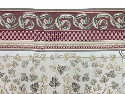 Aubusson Needlepoint Rug Traditional 9x12 Handmade Wool Floral Cream Green Maroon