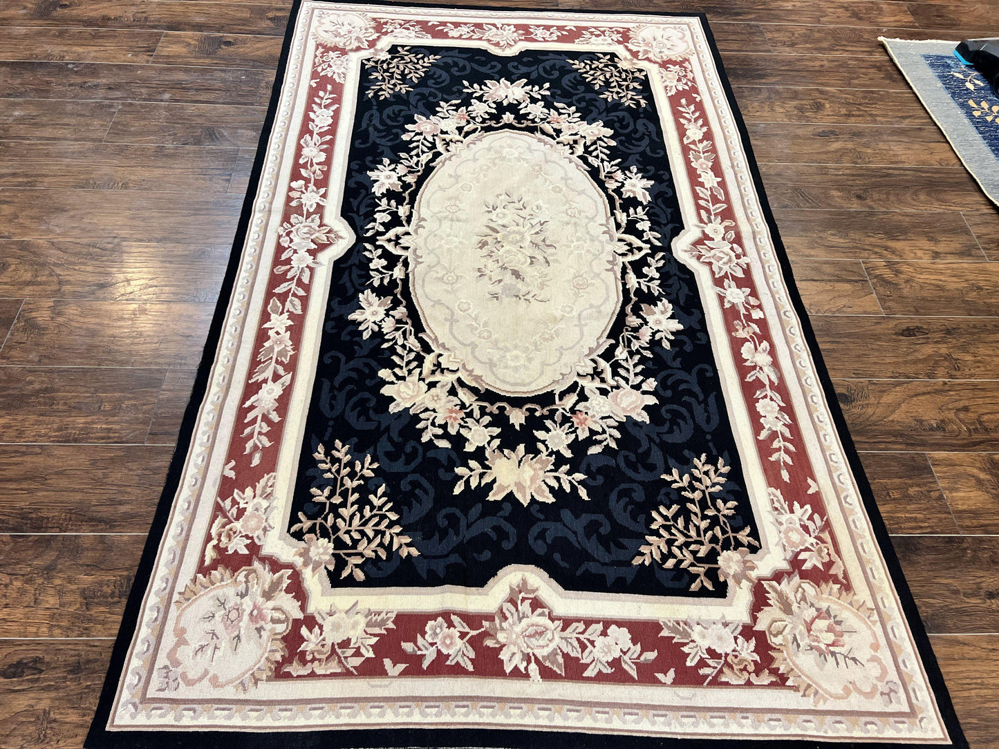 Needlepoint Rug 5x8 Wool Handmade Vintage European Aubusson Flatweave Rug Black and Maroon