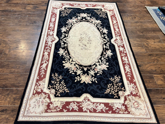Needlepoint Rug 5x8 Wool Handmade Vintage European Aubusson Flatweave Rug Black and Maroon