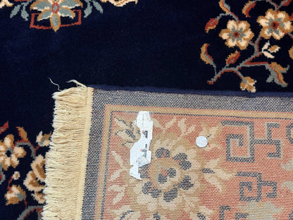 Vintage Chinese Wool Rug 8x11 in Navy Blue and Terracotta Floral Design, Couristan Power-Loomed