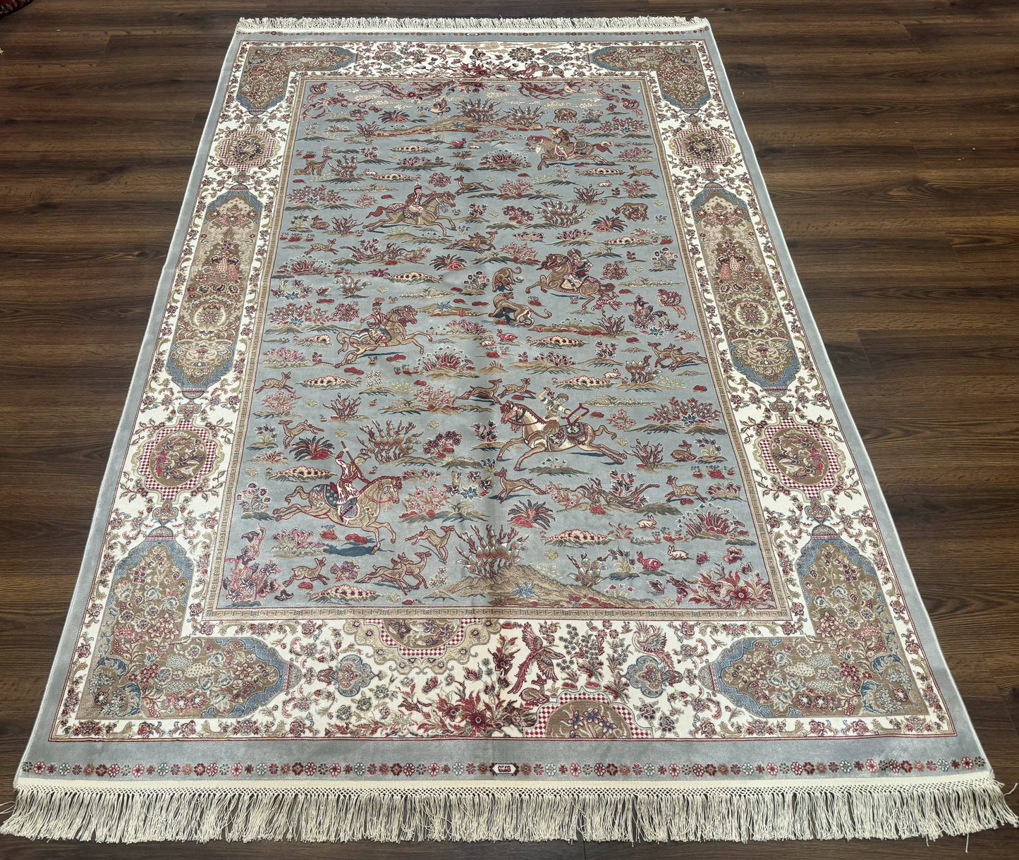 Turkish Silk Rug 5x7 Hunting Design Animal Pictorials Bamboo Silk