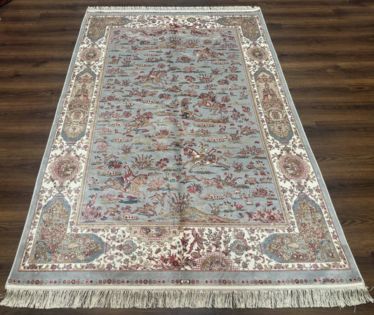 Turkish Silk Rug 5x7 Hunting Design Animal Pictorials Bamboo Silk