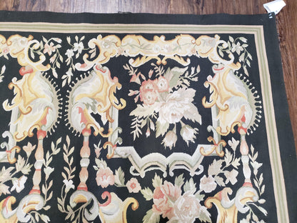 Vintage Black Aubusson Area Rug 8x10, Large Flowers Chinese Aubusson Carpet 7.9 x 10, Wool Hand-Knotted Floral Pattern Flat Weave Rug Nice