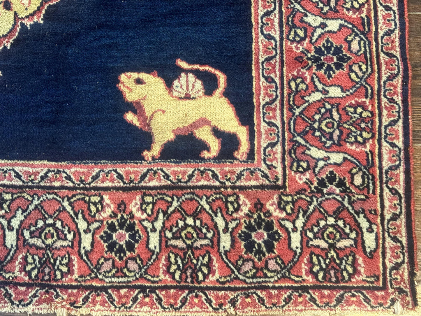 Antique Persian Mashad Rug 4x6, Semi Open Field, Navy Blue, Lion Pictorials, Triple Medallion, Dorokhsh Rug