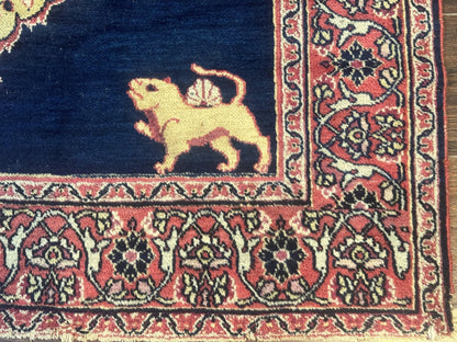 Antique Persian Mashad Rug 4x6, Semi Open Field, Navy Blue, Lion Pictorials, Triple Medallion, Dorokhsh Rug