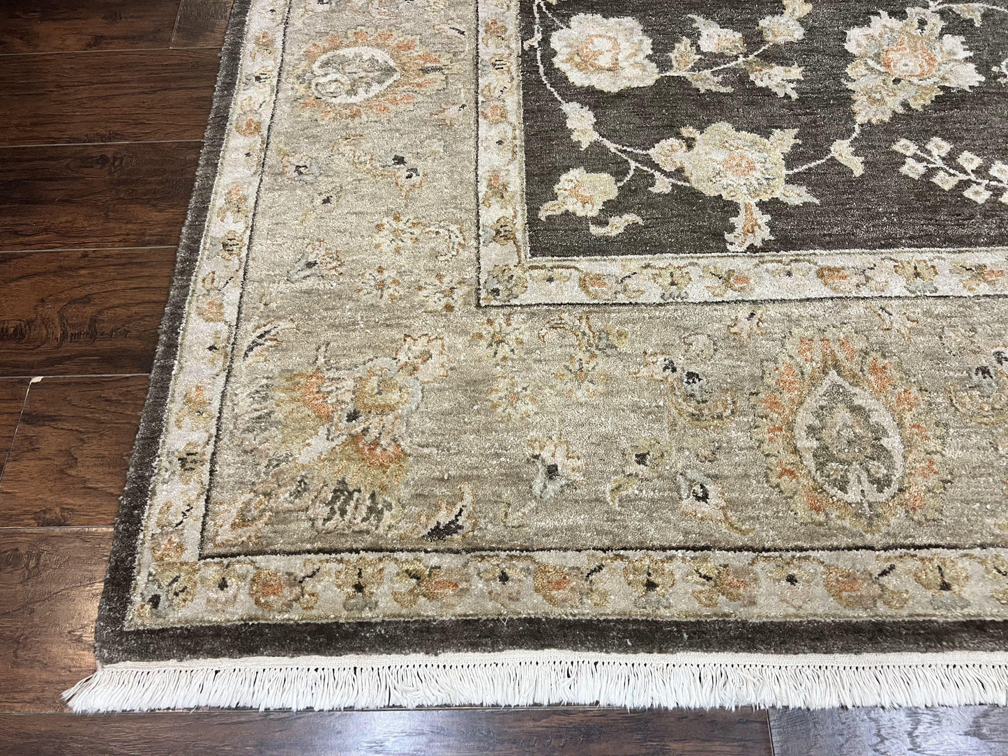 Indo Persian Rug 9x12 Hand Knotted Wool Vintage Floral Dark Brown Carpet