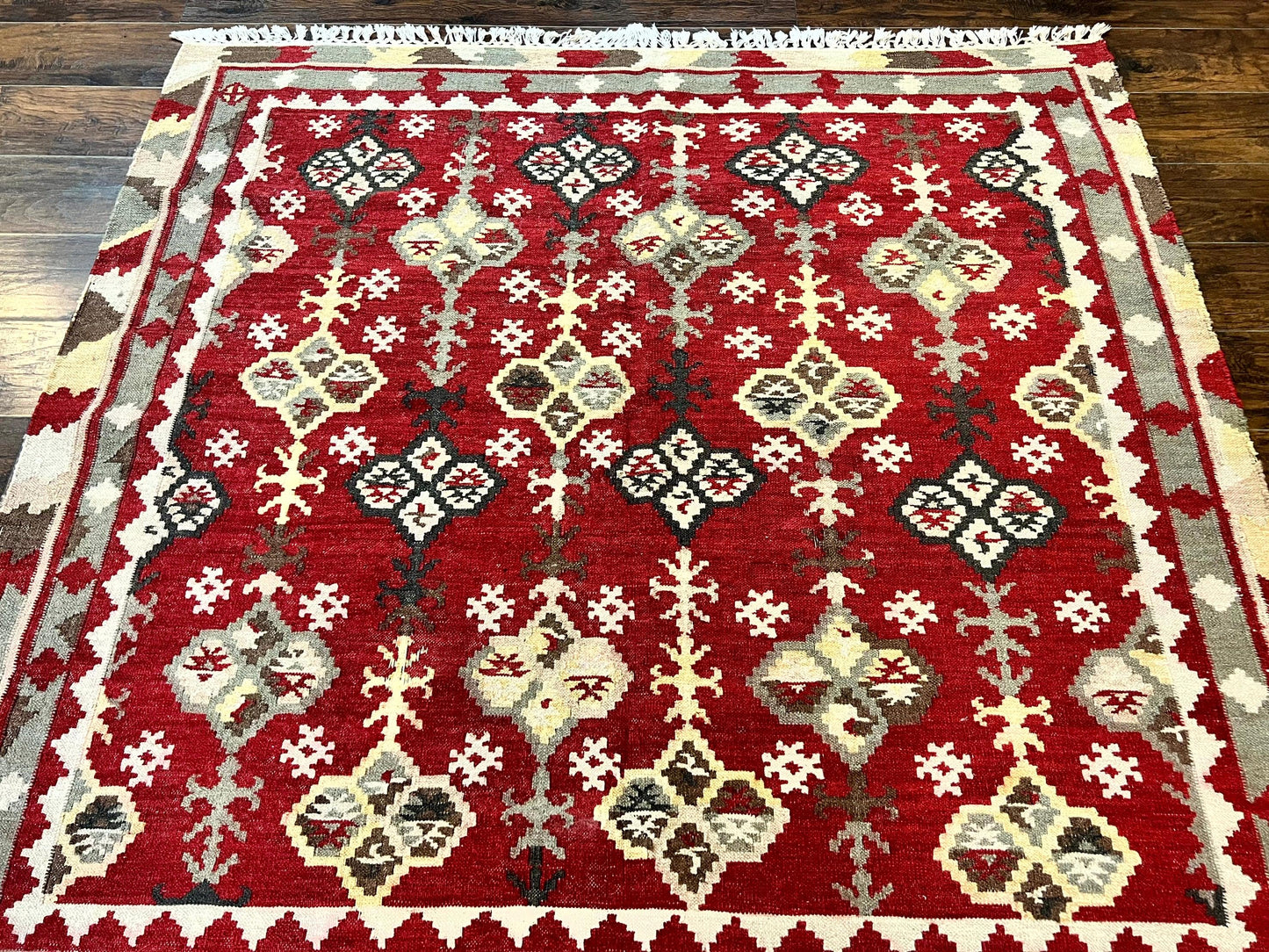Indian Kilim Rug 6x6 Square Flatweave Wool Carpet Vintage Handmade Red