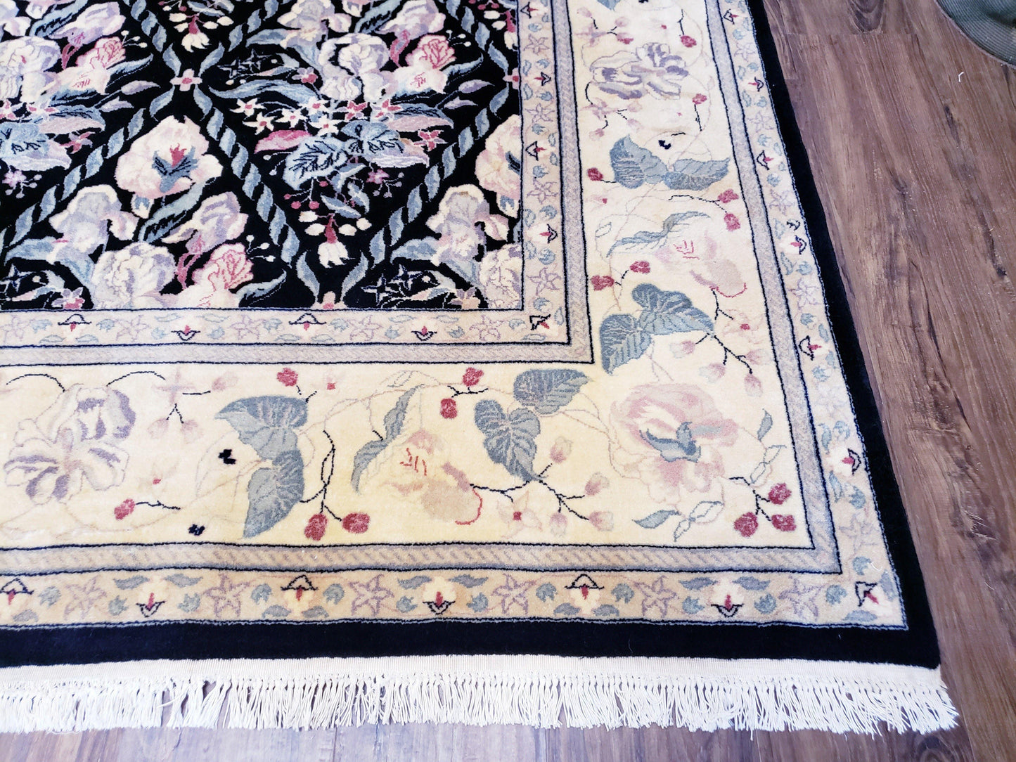 Black Kirman Rug, 8x11 - 9x12 Rug, Sino-Persian Rug, Floral Oriental Carpet, Handmade Rug, Black and Ivory Rug, Room Sized Area Rug, Wool