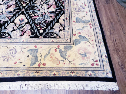 Black Kirman Rug, 8x11 - 9x12 Rug, Sino-Persian Rug, Floral Oriental Carpet, Handmade Rug, Black and Ivory Rug, Room Sized Area Rug, Wool