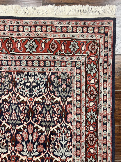 Pak Persian Rug 3x4, Wool Hand Knotted Vintage Traditional Carpet, Navy Blue & Red, Very Fine Small Handmade Floral Rug