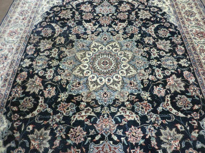 Hand Knotted Wool Silk Rug Vintage India Accent 4x7 Black