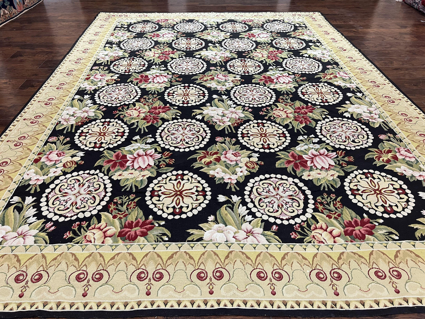Black Wool Needlepoint Rug 9x12 Handwoven European Floral Panel Design Vintage Chinese