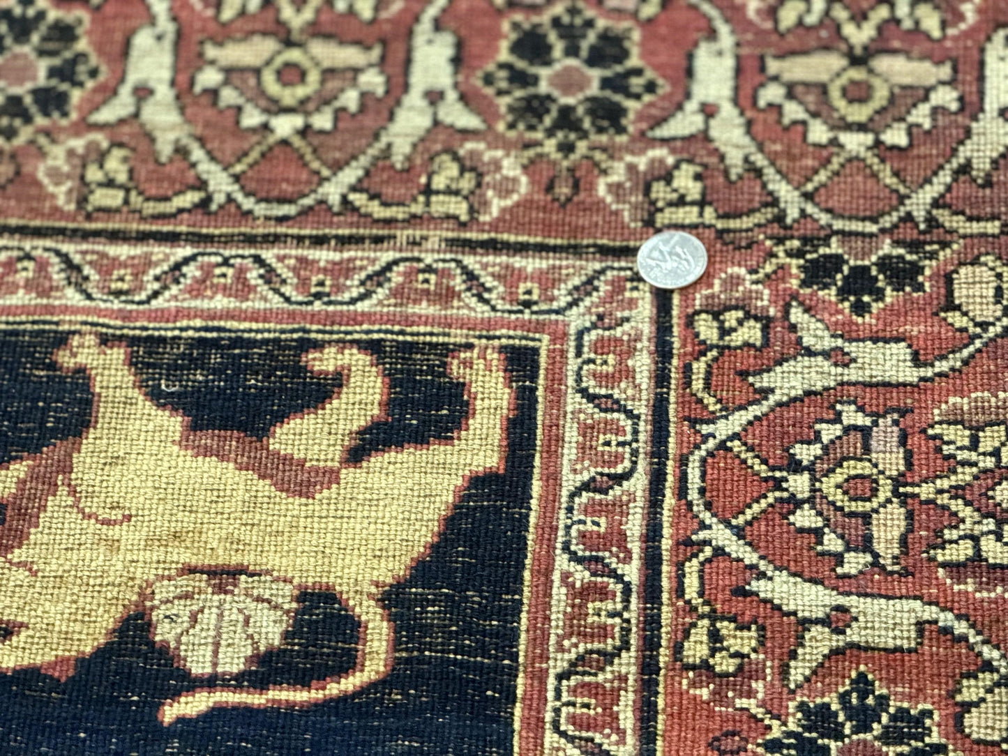 Antique Persian Mashad Rug 4x6, Semi Open Field, Navy Blue, Lion Pictorials, Triple Medallion, Dorokhsh Rug