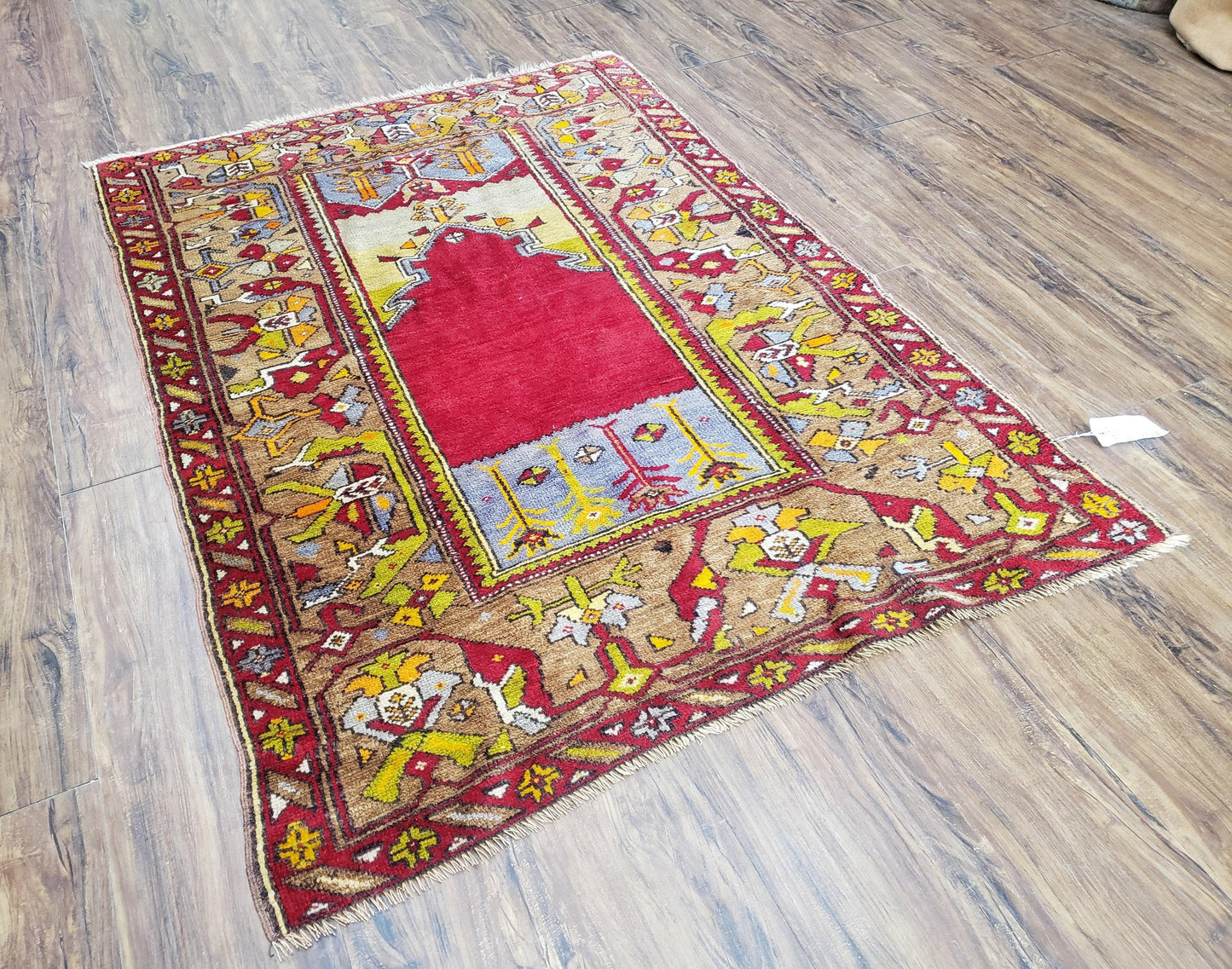 Antique Turkish Prayer Rug Handwoven Wool 3.8 By 5 Feet Colorful Red Blue Gold Anatolian Carpet