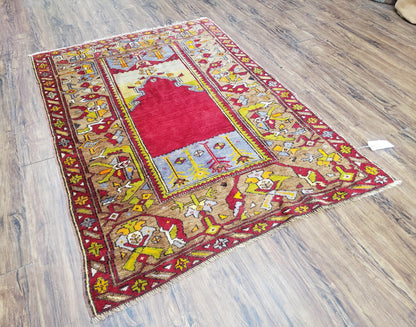 Antique Turkish Prayer Rug Handwoven Wool 3.8 By 5 Feet Colorful Red Blue Gold Anatolian Carpet