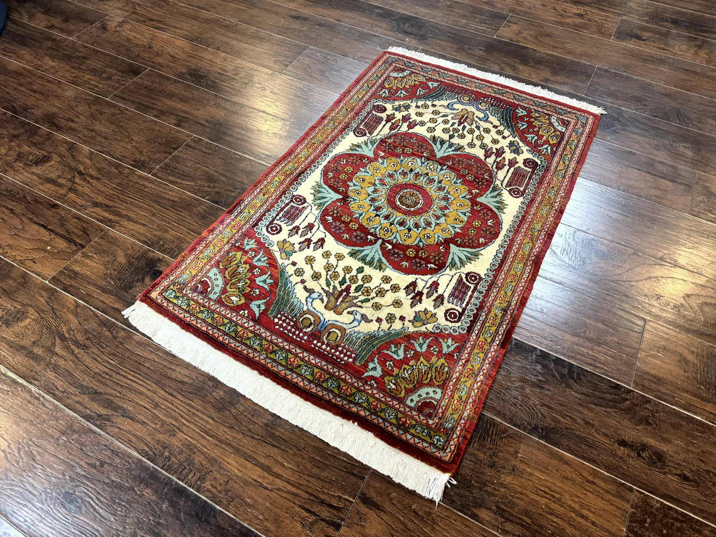 Persian Bijar Rug 2.6 x 4 Vintage Hand Knotted Wool Carpet Brick Red Ivory