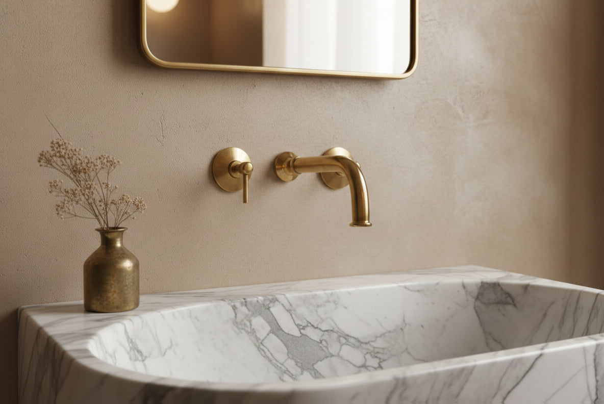 Close-up of marble sink with brass wall-mounted faucet