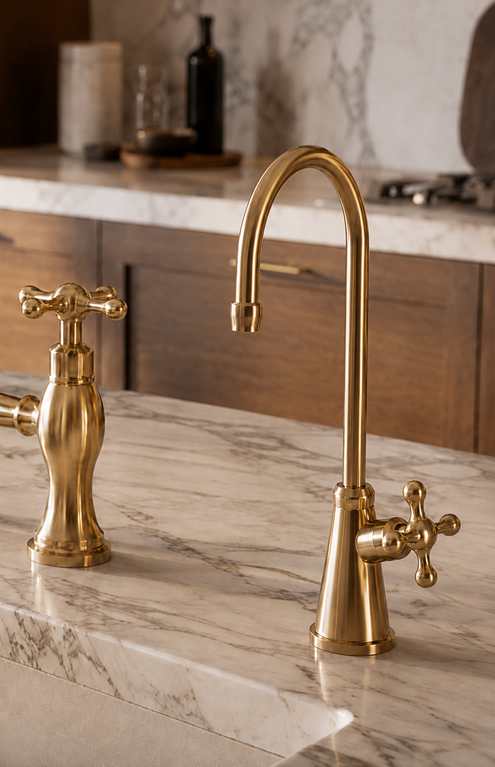 A polished brass kitchen faucet with a tall curved spout and cross handle, shown installed on a white marble countertop in a kitchen setting.