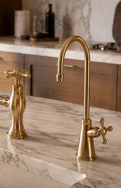 A polished brass kitchen faucet with a tall curved spout and cross handle, shown installed on a white marble countertop in a kitchen setting.