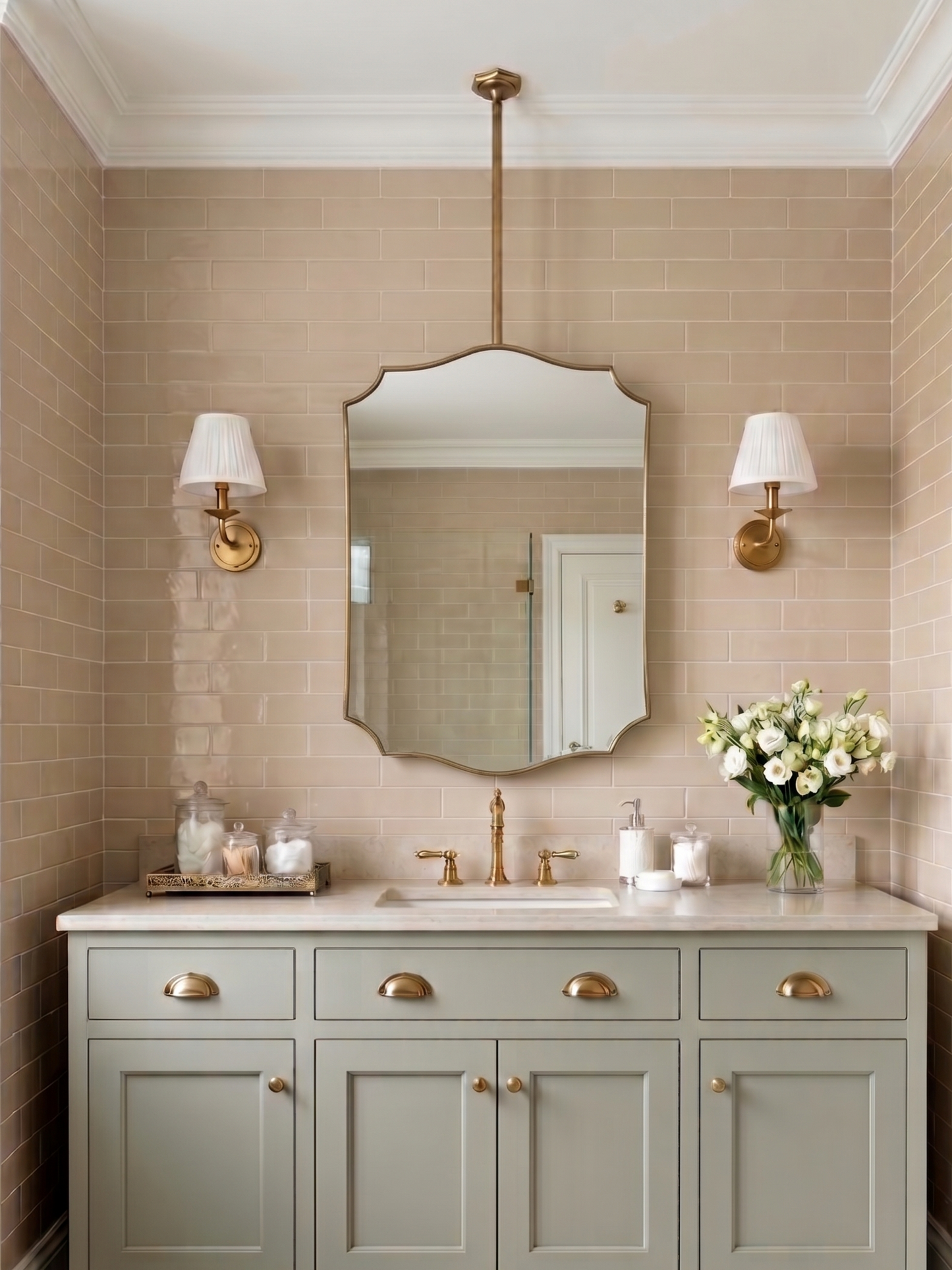 Luxury ceiling-mounted vanity mirror with curved crest frame