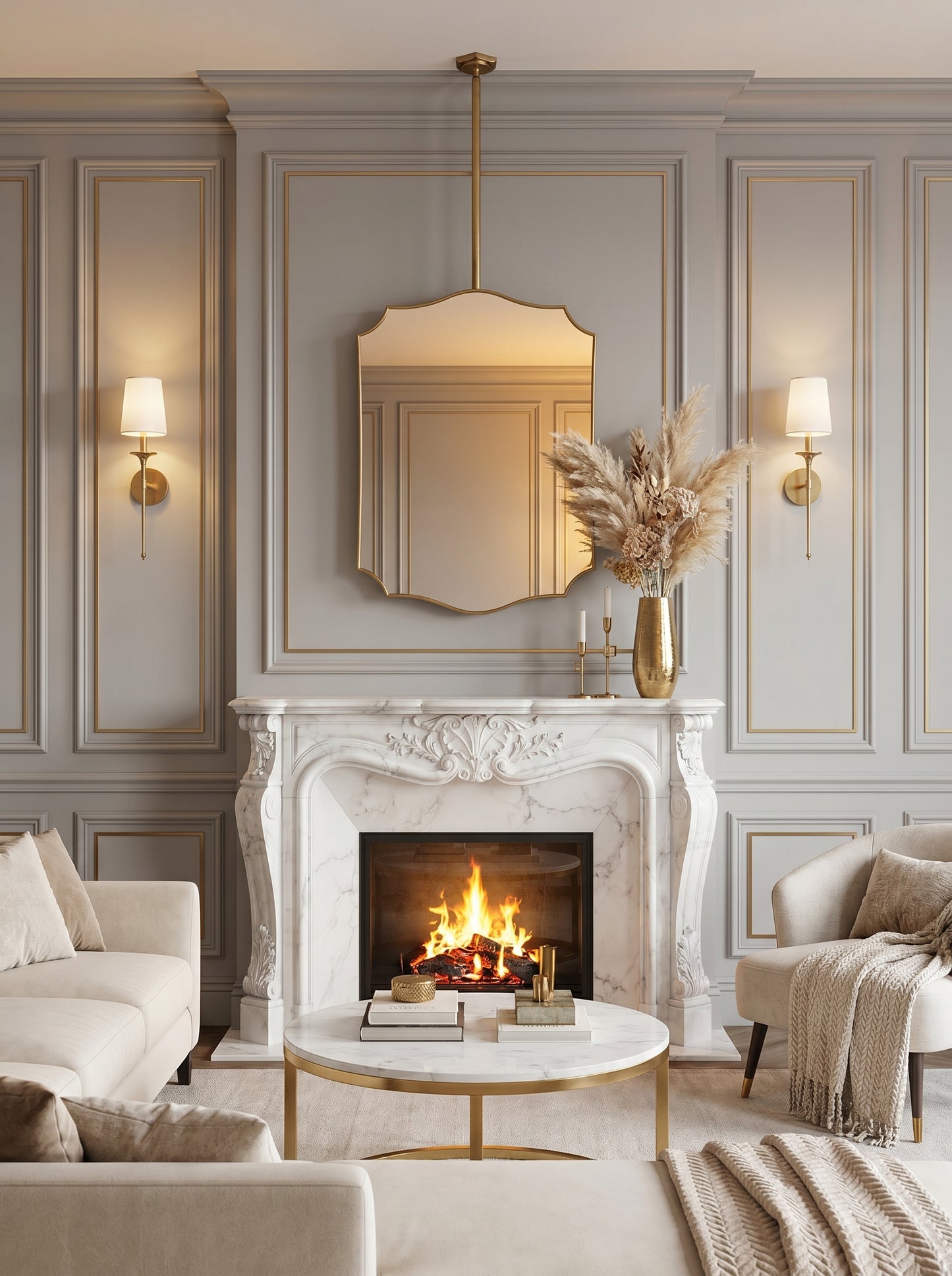 Suspended crest brass mirror above marble fireplace
