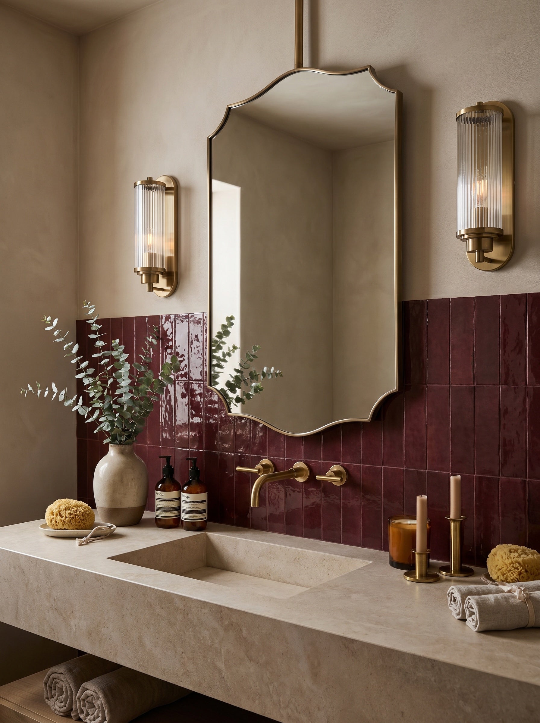Hanging crest brass mirror in a luxury bathroom with burgundy zellige tiles, stone vanity, and brass fixtures.