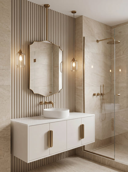 Ceiling-mounted brass mirror in luxury bathroom