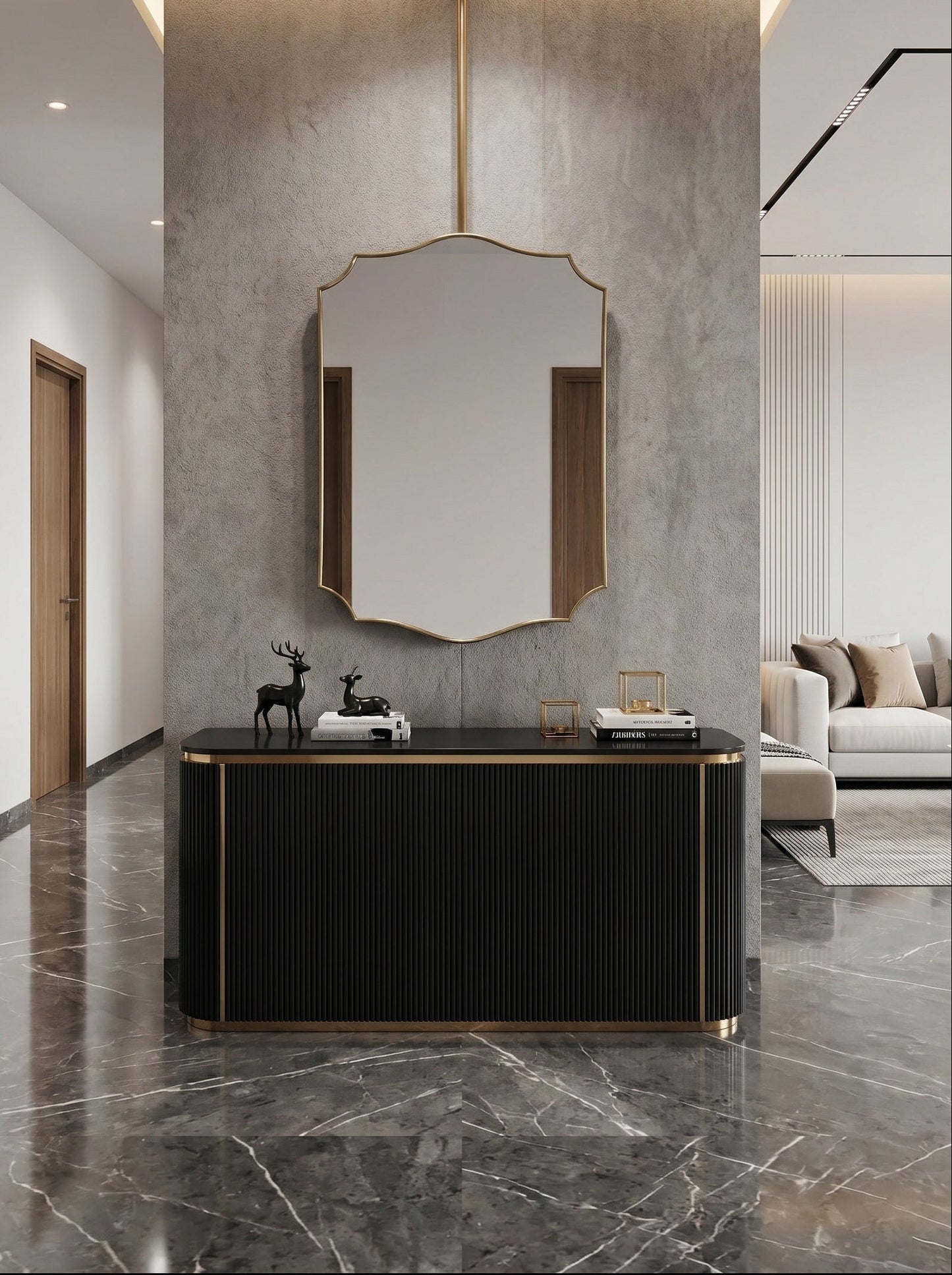 Suspended gold brass mirror with decorative crest silhouette