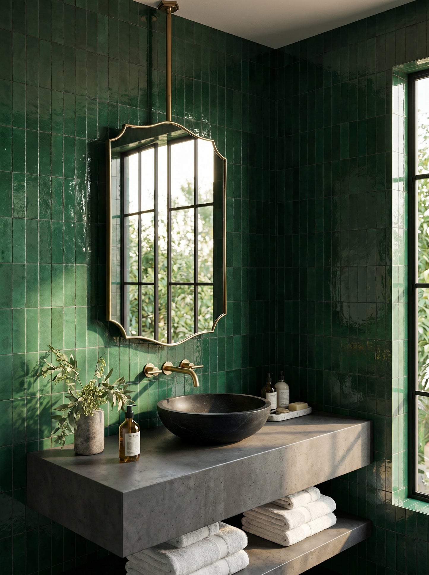 Suspended crest brass mirror above a floating concrete vanity with emerald green zellige tiles and a black vessel sink.