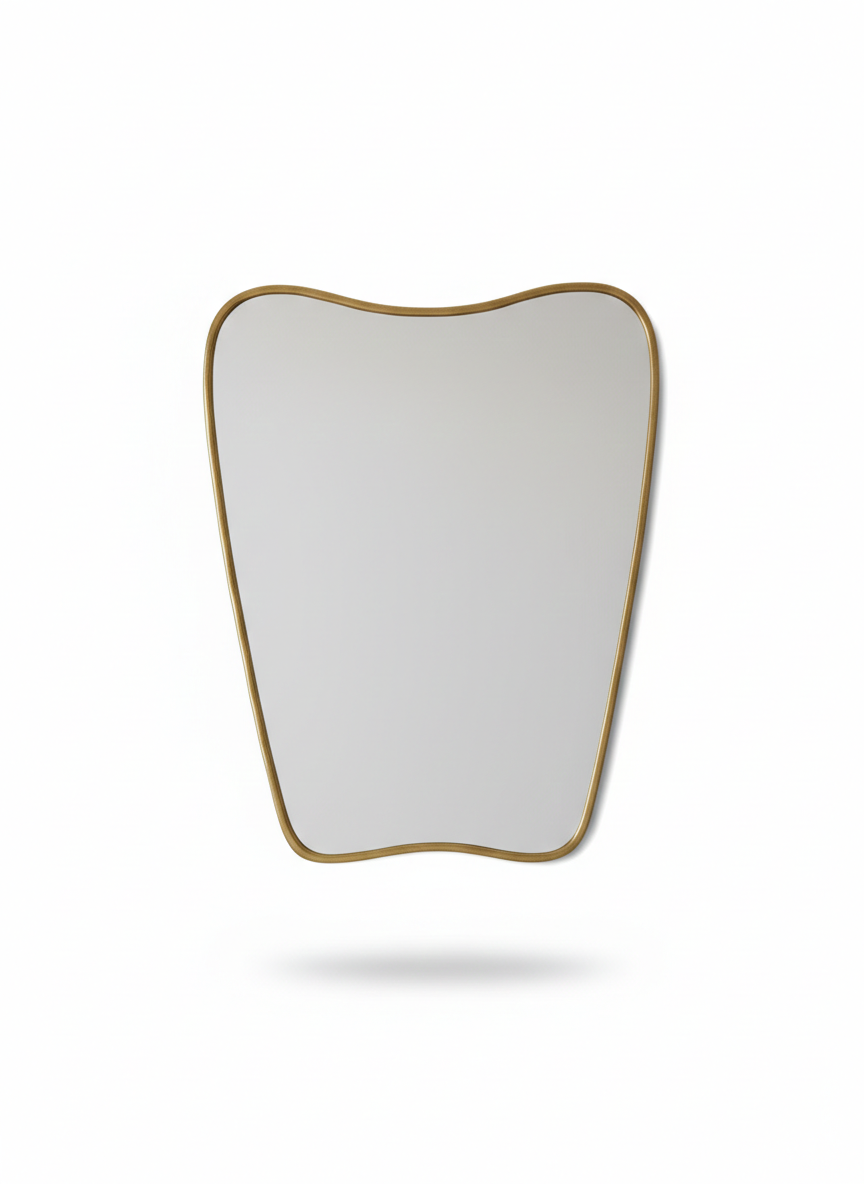 Italian curved brass mirror on white background 