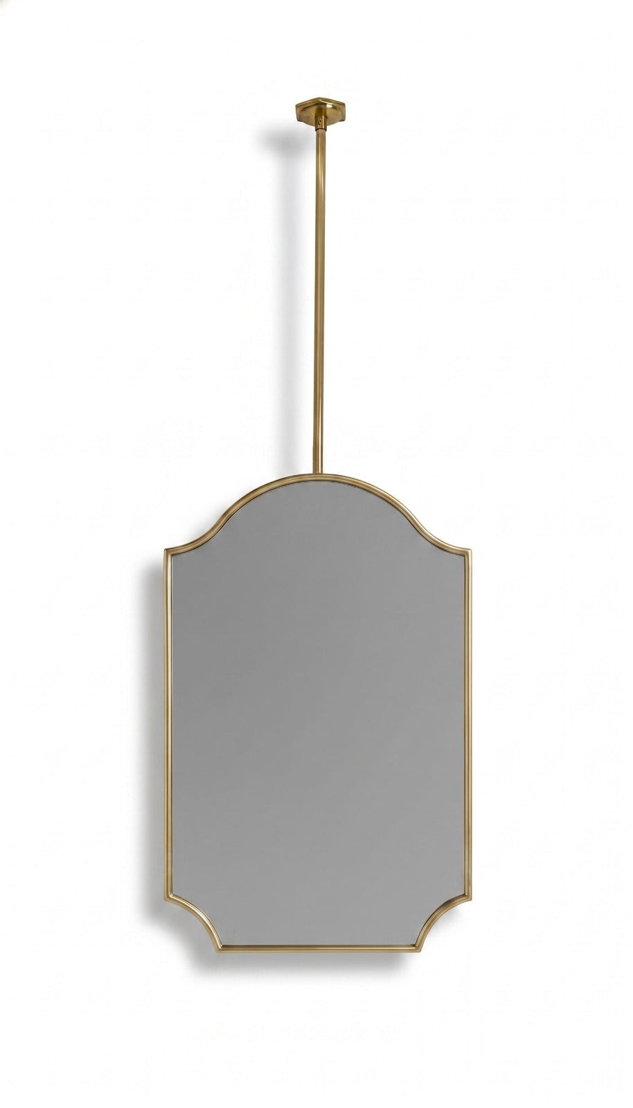  Curved top brass hanging mirror with ceiling-mounted rod.