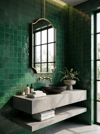 Suspended crest brass mirror above a floating concrete vanity with emerald green zellige tiles and a black vessel sink.
