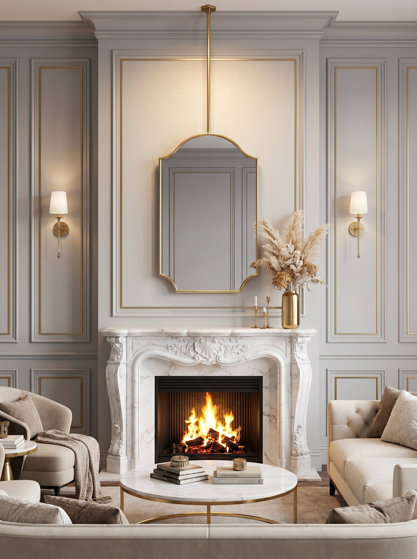 Luxury suspended brass mirror above marble fireplace mantel.
