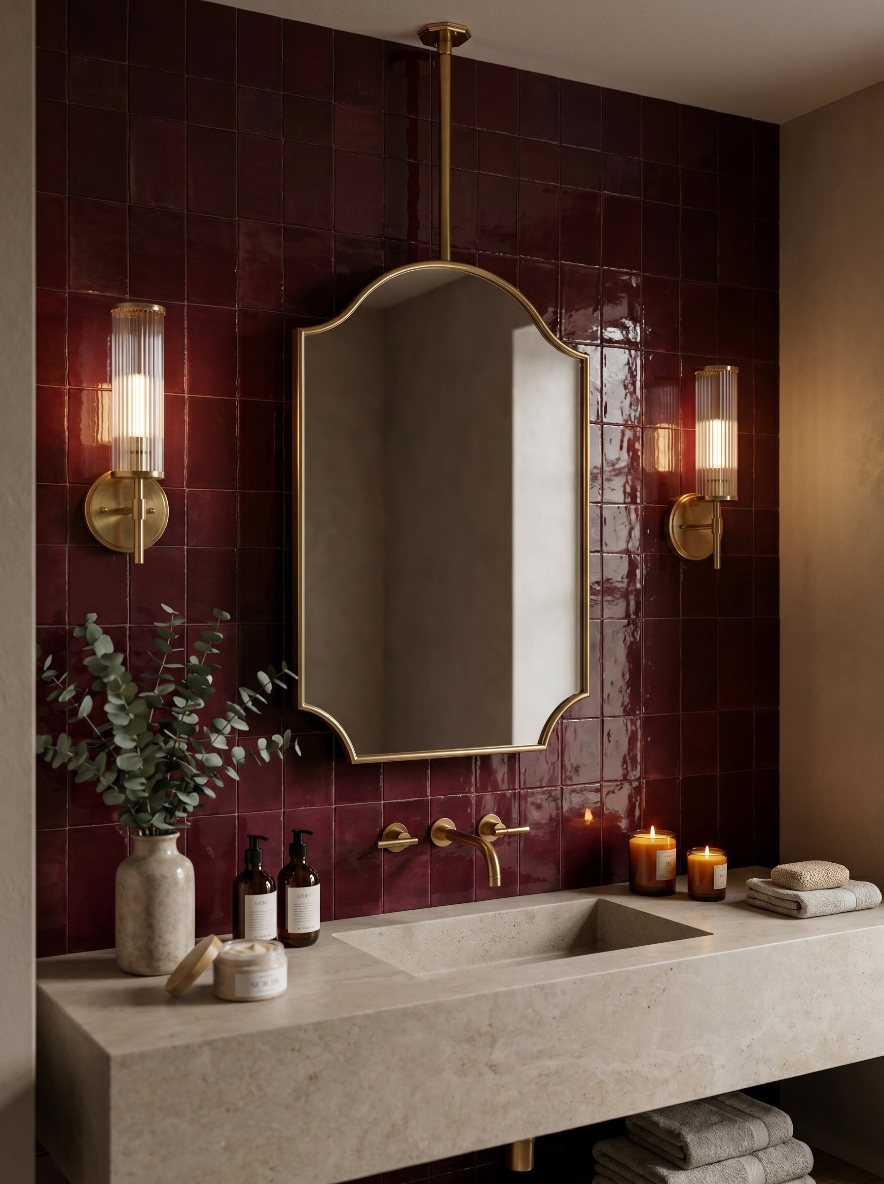 Hanging crest brass mirror in a luxury bathroom with burgundy zellige tiles, stone vanity, and brass sconces.
