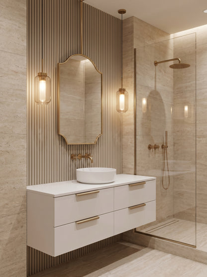  Suspended arch brass mirror above modern bathroom vanity.