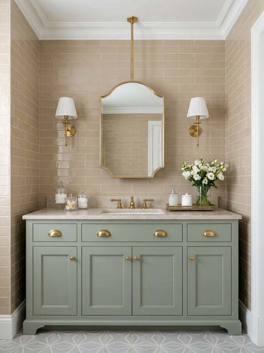 Suspended oval brass mirror above a sage green vanity with brass sconces and beige subway tile bathroom walls.