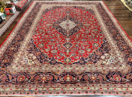 Persian Kashan Rug 10x13 Floral Medallion Handmade Wool Vintage Oriental Carpet