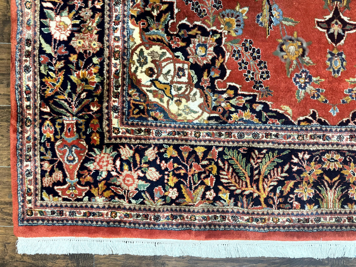 Indo Persian Rug 7x10 Vintage Handmade Wool Carpet Floral Medallion Red And Midnight Blue